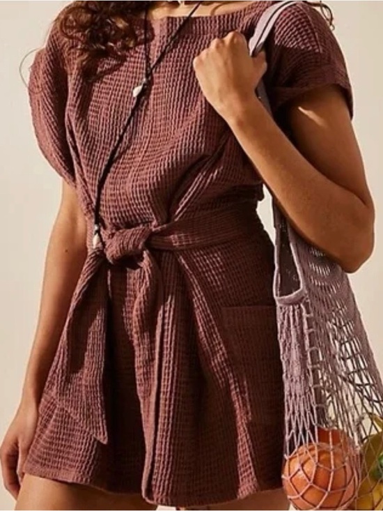 Free People Pants - Free People Pull Me In Brown Textured Waffle Knit Soft Cozy Romper Minimalist S